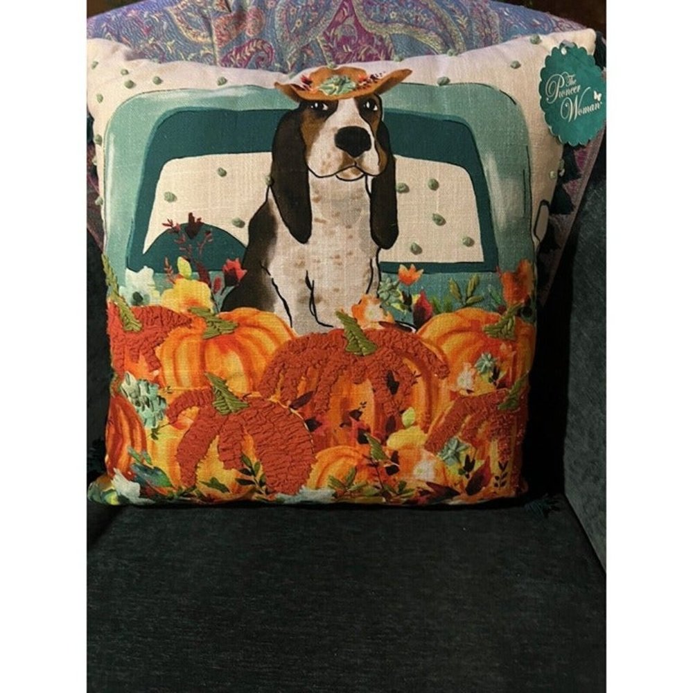 Pioneer Woman Tasseled Throw Pillow Harvest Dog Charlie Truck Pumpkin 18" Decor
